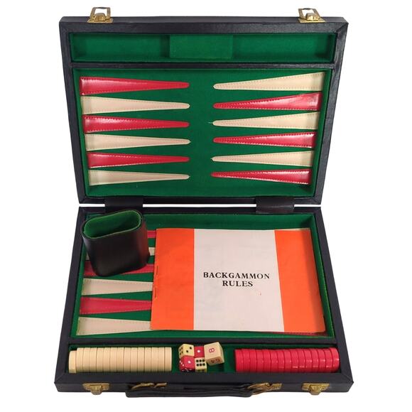 Vintage Backgammon Board Game Faux Leather Case Black Red Green Complete - Picture 1 of 2